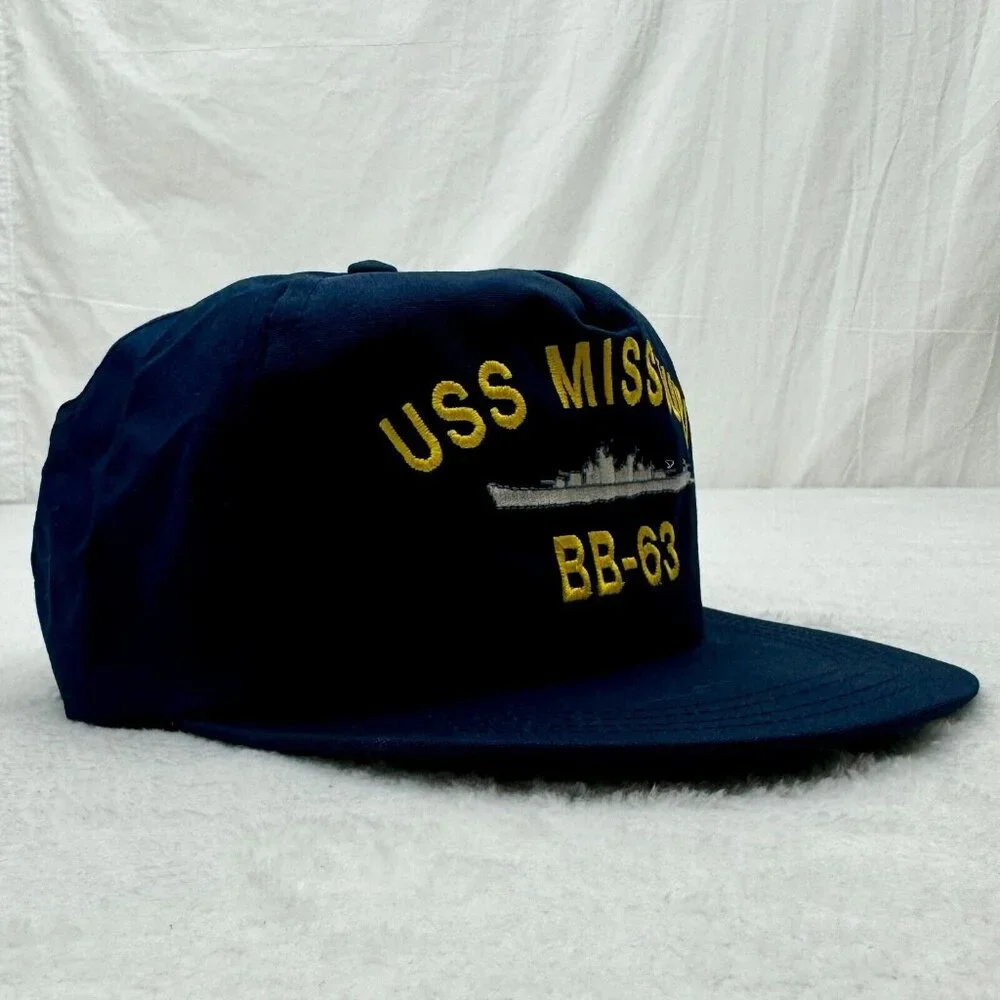 Vintage USS Missouri BB-63 Battleship Navy Snapback Cap Embroidered Blue (B)
